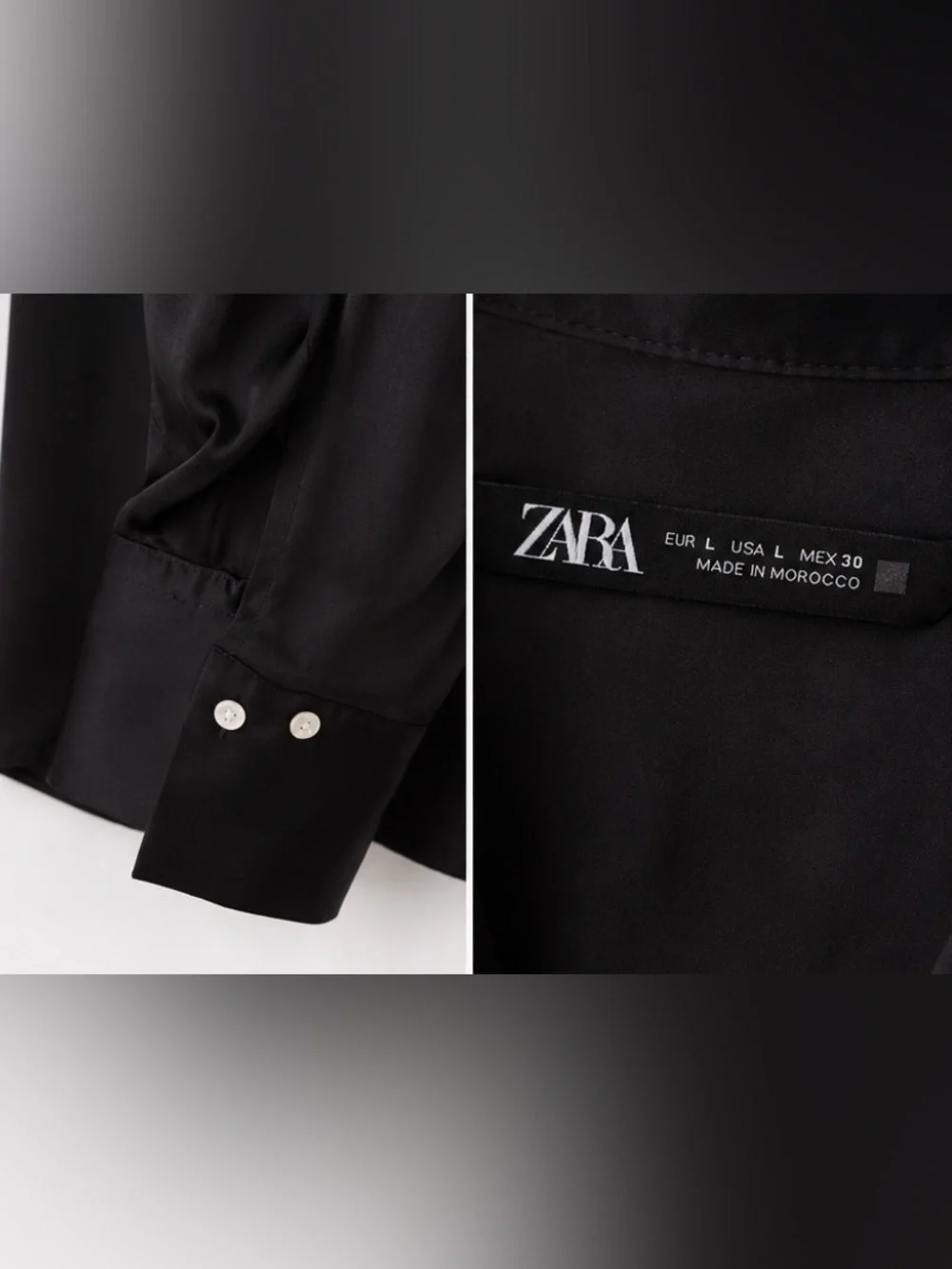 Zara Black Satin Button Down Blouse Long Sleeve Collared Silky Shirt | L